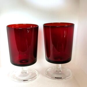 2 Luminarc Ruby Red Glass Water Or Wine Goblets 1970's France Vintage